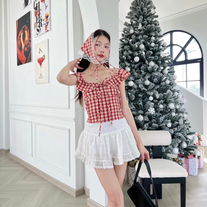 พรีส่งพุธ ที่ 18 Garry Crop เสื้อสายเดี่ยวเเขนระบาย ลายสก็อตสไตล์เกาหลี