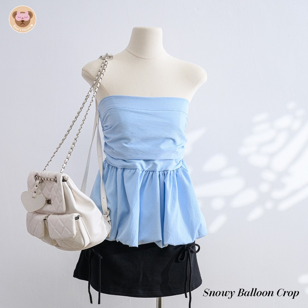 Snowy Balloon Crop เสื้อเกาะอก บอลลูน ผ้าครัช ดีเทลเเต่งจีบ หย่น ช่วงอก ด้านหลังสม็อค เย็บ 2 ชั้น ไม่ต้องกลัวบาง