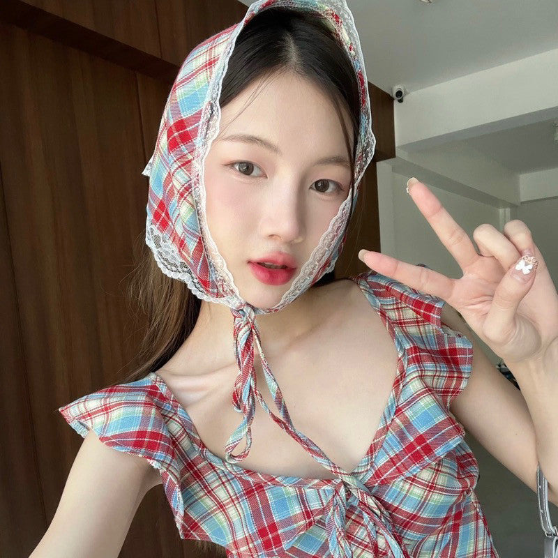 พรีส่งพุธ ที่ 18 Garry Crop เสื้อสายเดี่ยวเเขนระบาย ลายสก็อตสไตล์เกาหลี