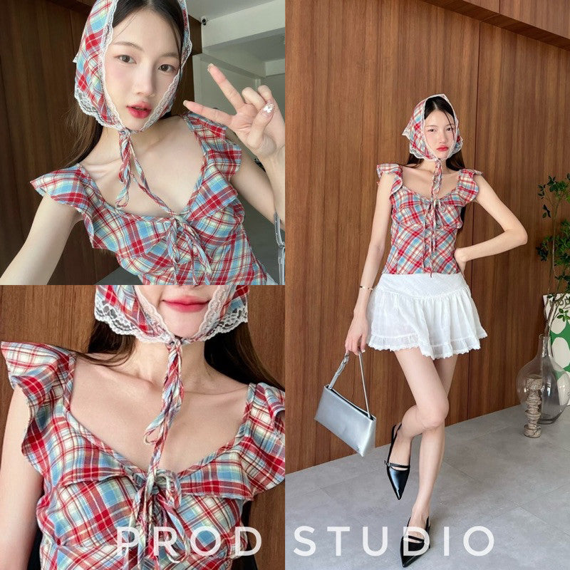 พรีส่งพุธ ที่ 18 Garry Crop เสื้อสายเดี่ยวเเขนระบาย ลายสก็อตสไตล์เกาหลี